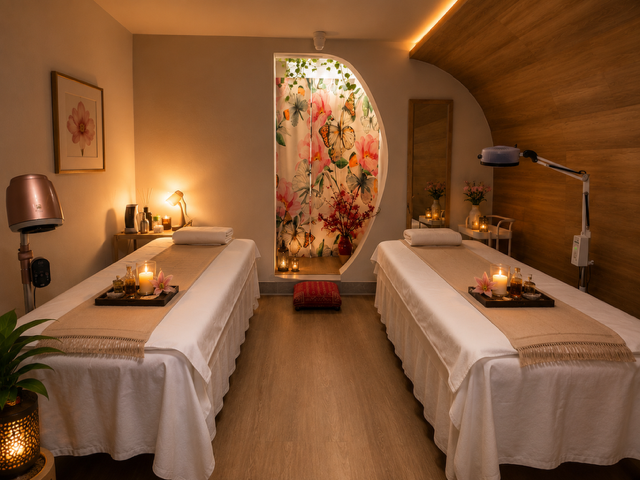 Couples treatment room with two massage beds