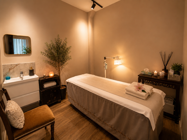 Treatment room with massage bed, olive tree and candlelight