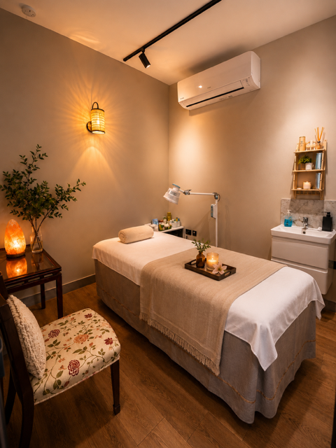 Acupuncture treatment room with warm lighting