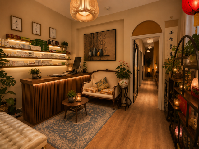 Seating area and Chinese herbal product shelves